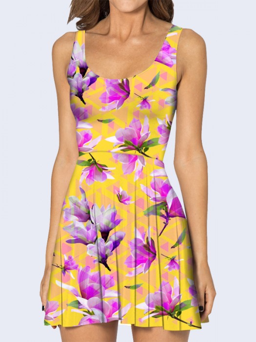 3D платье Сиреневые цветы на жёлтом