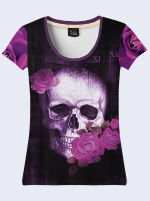 3D футболка Череп и фиолетовые розы